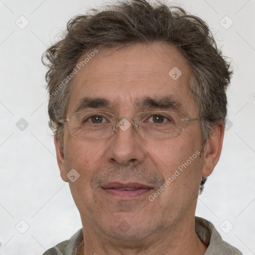 Joyful white middle-aged male with short  brown hair and brown eyes