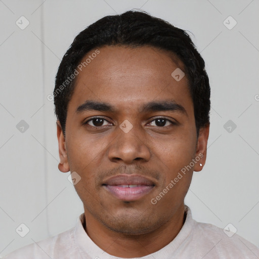 Neutral black young-adult male with short  black hair and brown eyes