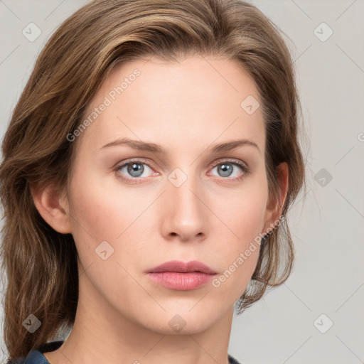 Neutral white young-adult female with medium  brown hair and blue eyes