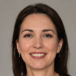 Joyful white adult female with medium  brown hair and brown eyes