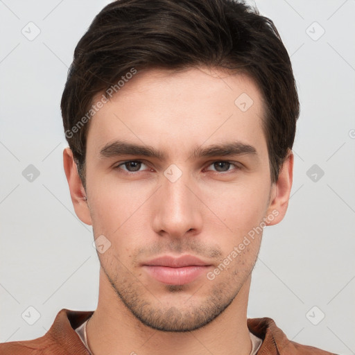 Neutral white young-adult male with short  brown hair and grey eyes