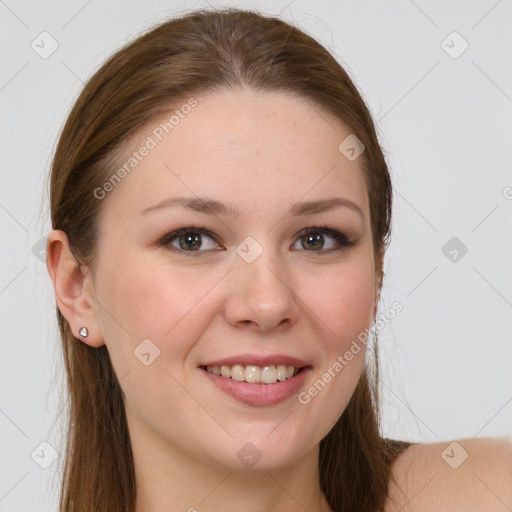 Joyful white young-adult female with long  brown hair and grey eyes