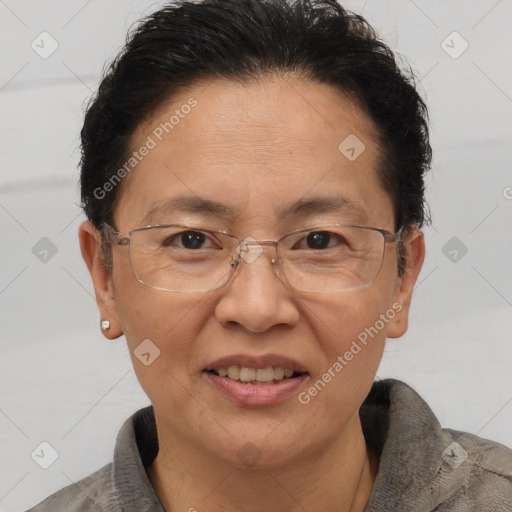 Joyful white adult female with short  brown hair and brown eyes