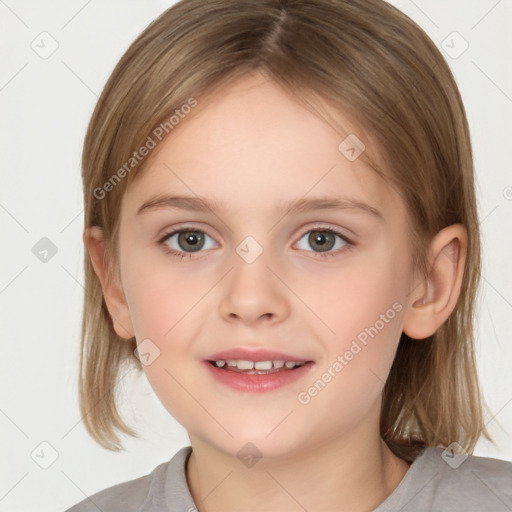 Joyful white child female with medium  brown hair and brown eyes