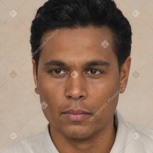 Neutral latino young-adult male with short  black hair and brown eyes