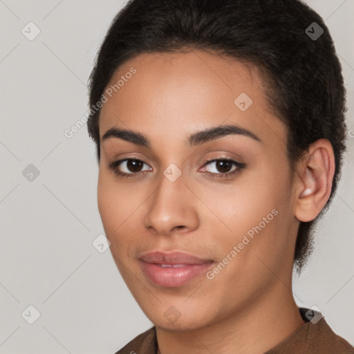 Joyful latino young-adult female with short  brown hair and brown eyes