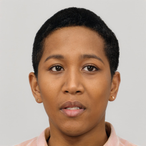 Neutral black young-adult female with short  black hair and brown eyes
