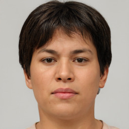 Neutral asian young-adult female with short  brown hair and brown eyes