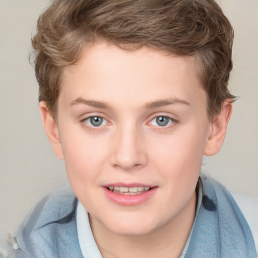 Joyful white young-adult male with short  brown hair and blue eyes