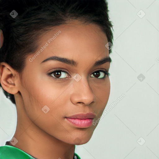 Neutral latino young-adult female with short  brown hair and brown eyes