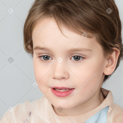 Joyful white child female with medium  brown hair and brown eyes