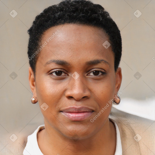 Joyful black young-adult female with short  black hair and brown eyes