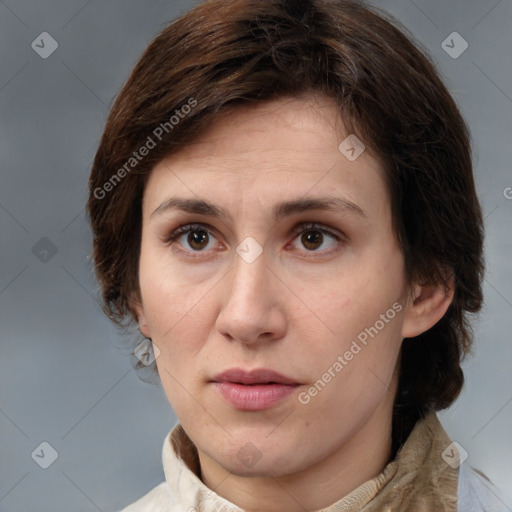 Neutral white young-adult female with medium  brown hair and brown eyes