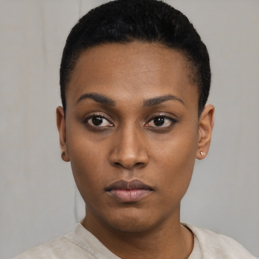 Neutral black young-adult female with short  black hair and brown eyes
