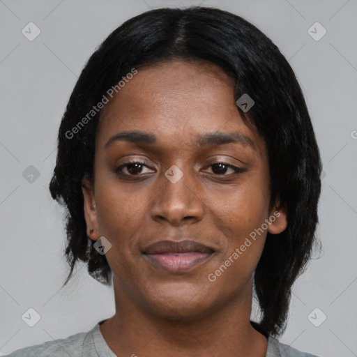 Neutral black young-adult female with medium  black hair and brown eyes