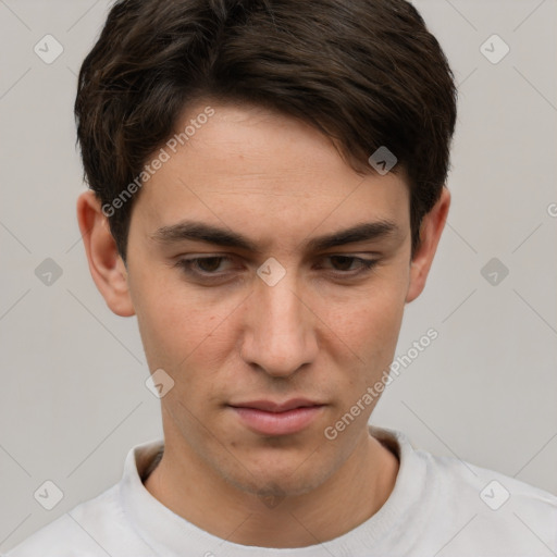 Neutral white young-adult male with short  brown hair and brown eyes