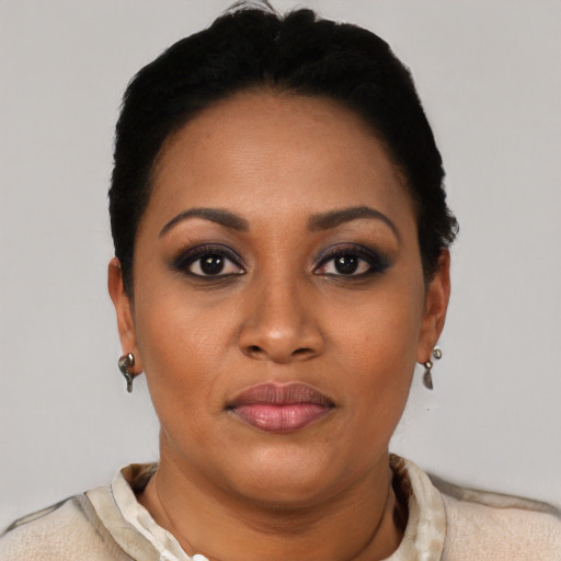 Joyful black young-adult female with short  black hair and brown eyes
