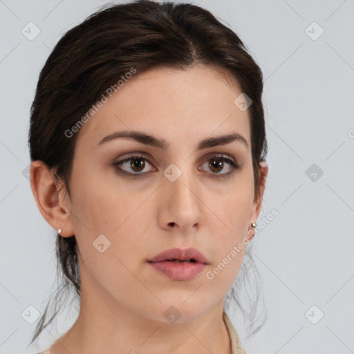 Neutral white young-adult female with medium  brown hair and brown eyes