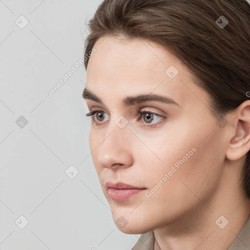 Neutral white young-adult female with short  brown hair and brown eyes