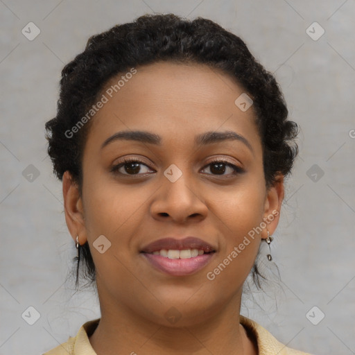 Joyful black young-adult female with short  brown hair and brown eyes