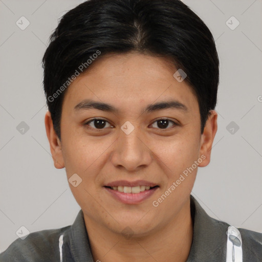 Joyful asian young-adult female with short  brown hair and brown eyes