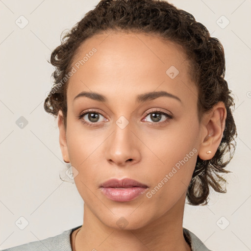 Neutral white young-adult female with short  brown hair and brown eyes