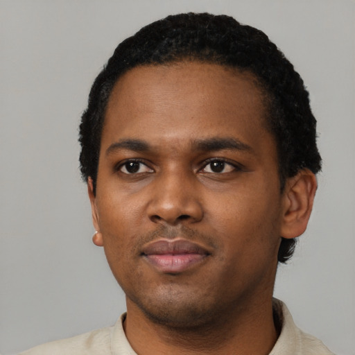 Neutral black young-adult male with short  black hair and brown eyes