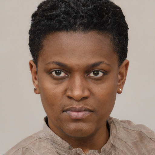 Neutral black young-adult female with short  black hair and brown eyes