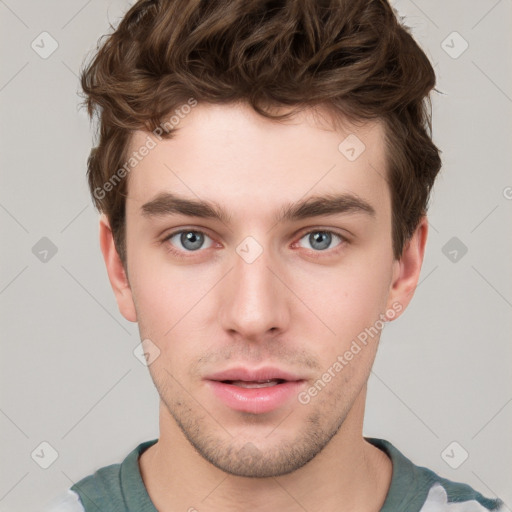 Neutral white young-adult male with short  brown hair and grey eyes