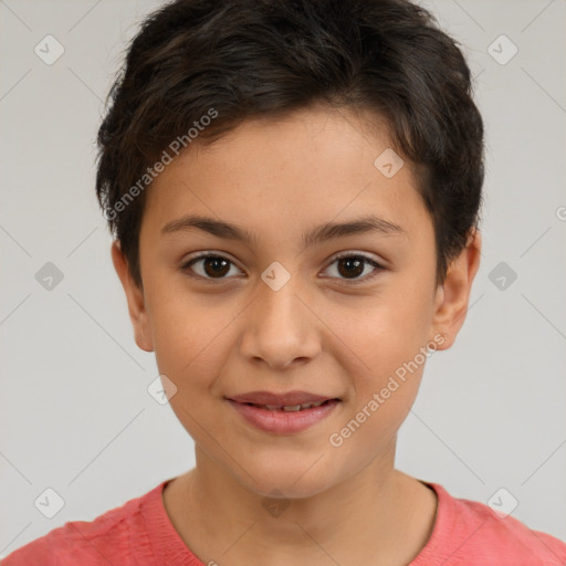 Joyful white child female with short  brown hair and brown eyes