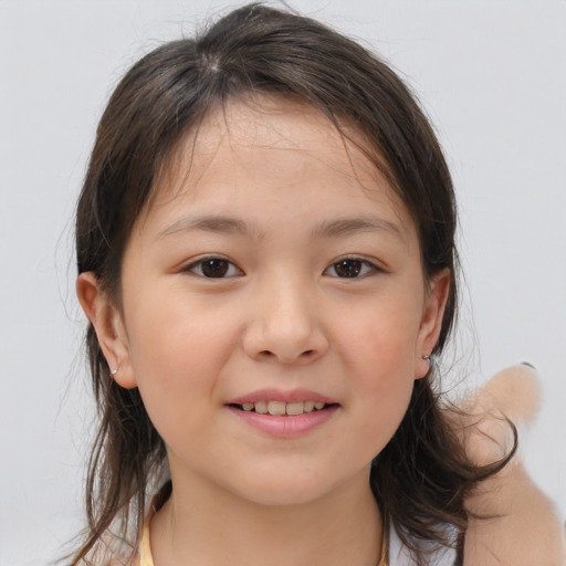 Joyful white child female with medium  brown hair and brown eyes