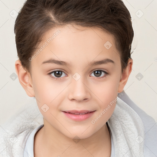 Joyful white child female with short  brown hair and brown eyes