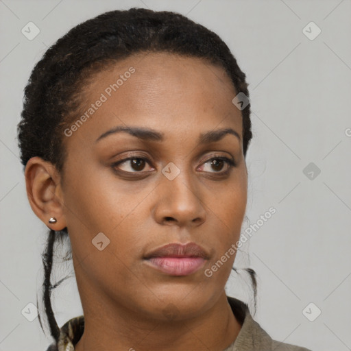 Neutral black young-adult female with short  brown hair and brown eyes