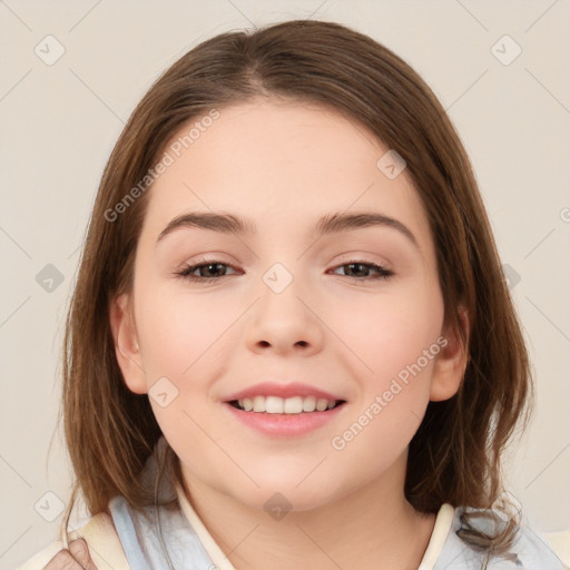 Joyful white child female with medium  brown hair and brown eyes