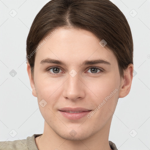 Joyful white young-adult female with short  brown hair and brown eyes