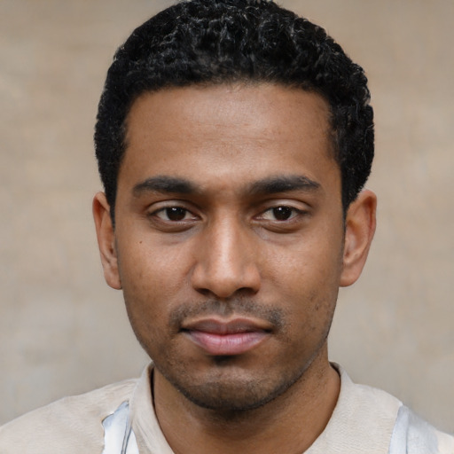 Neutral latino young-adult male with short  black hair and brown eyes