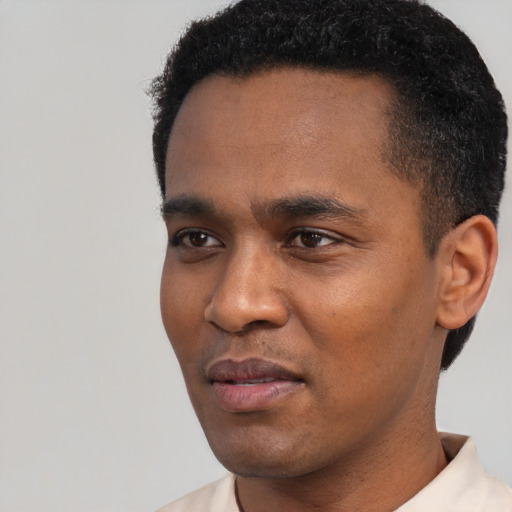 Neutral latino young-adult male with short  black hair and brown eyes