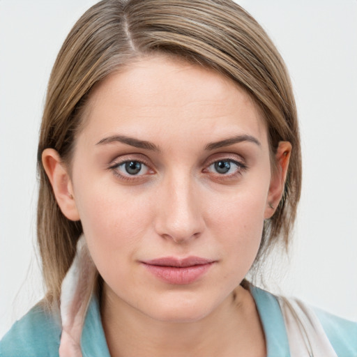 Neutral white young-adult female with medium  brown hair and blue eyes