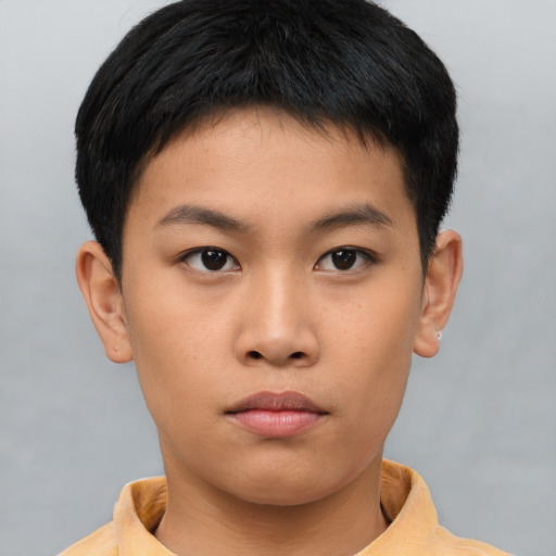 Neutral asian young-adult male with short  brown hair and brown eyes