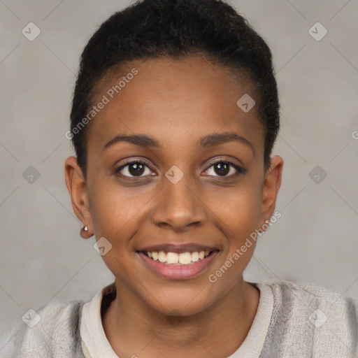 Joyful black young-adult female with short  black hair and brown eyes