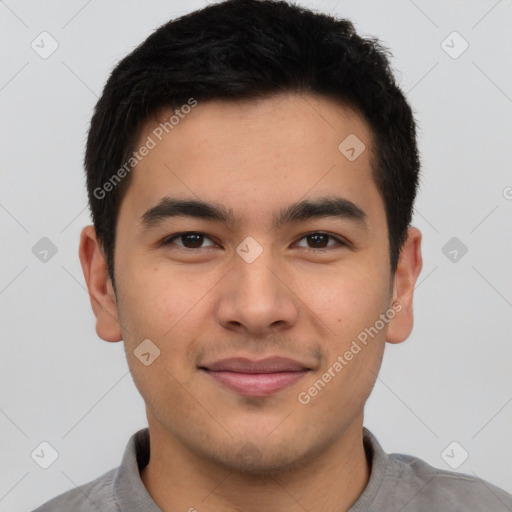 Joyful latino young-adult male with short  brown hair and brown eyes