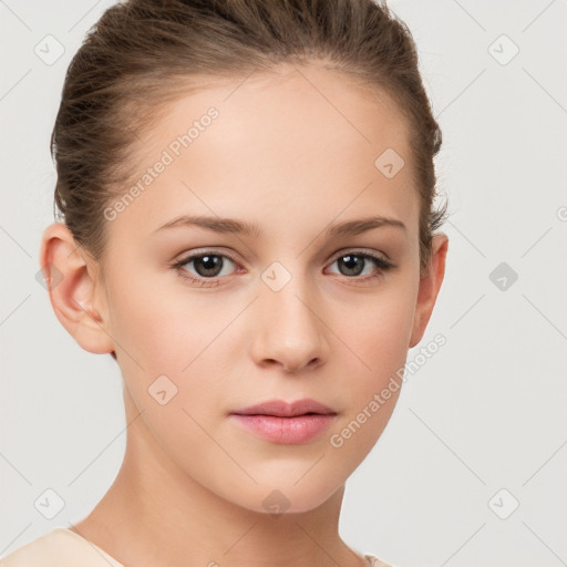 Neutral white young-adult female with short  brown hair and brown eyes