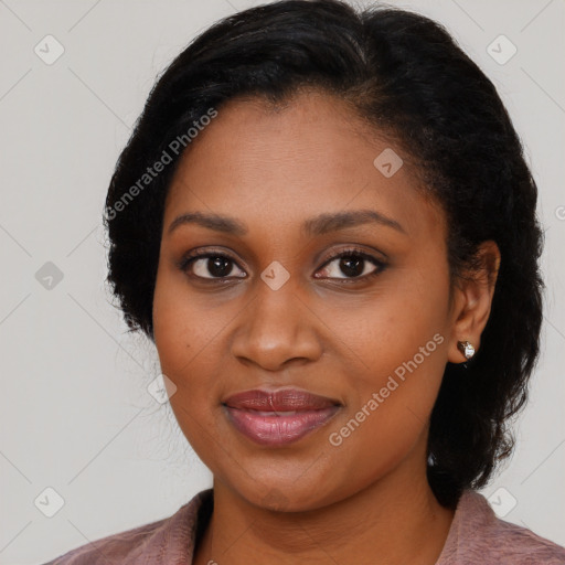 Joyful black young-adult female with medium  brown hair and brown eyes