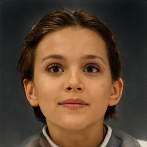 Neutral white young-adult female with short  brown hair and brown eyes