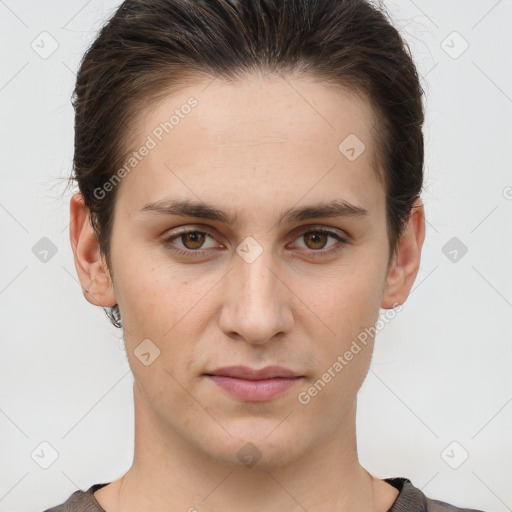 Joyful white young-adult female with short  brown hair and brown eyes