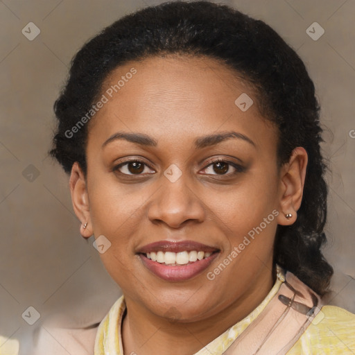 Joyful latino young-adult female with short  brown hair and brown eyes