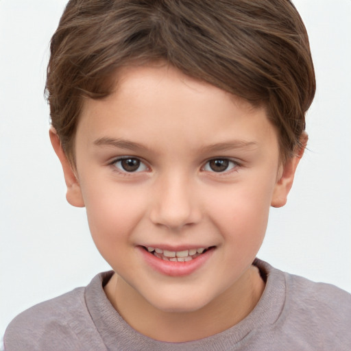 Joyful white child female with short  brown hair and brown eyes