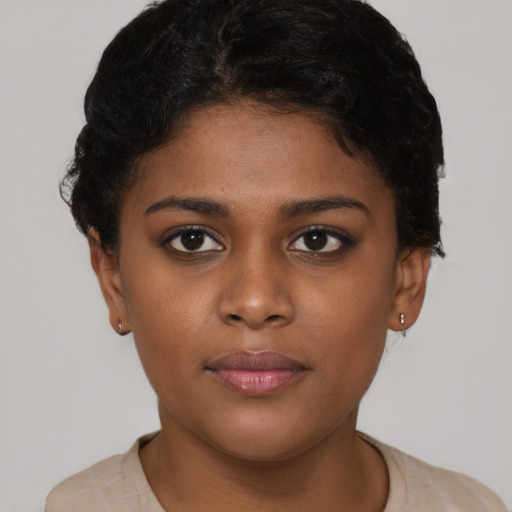 Neutral latino young-adult female with short  brown hair and brown eyes