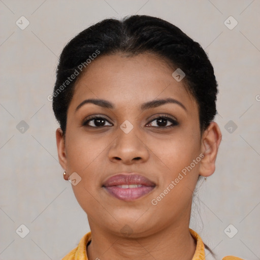 Joyful latino young-adult female with short  brown hair and brown eyes