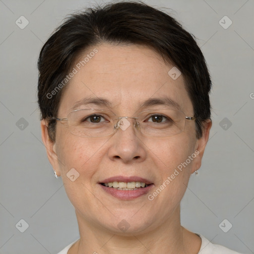 Joyful white adult female with short  brown hair and brown eyes